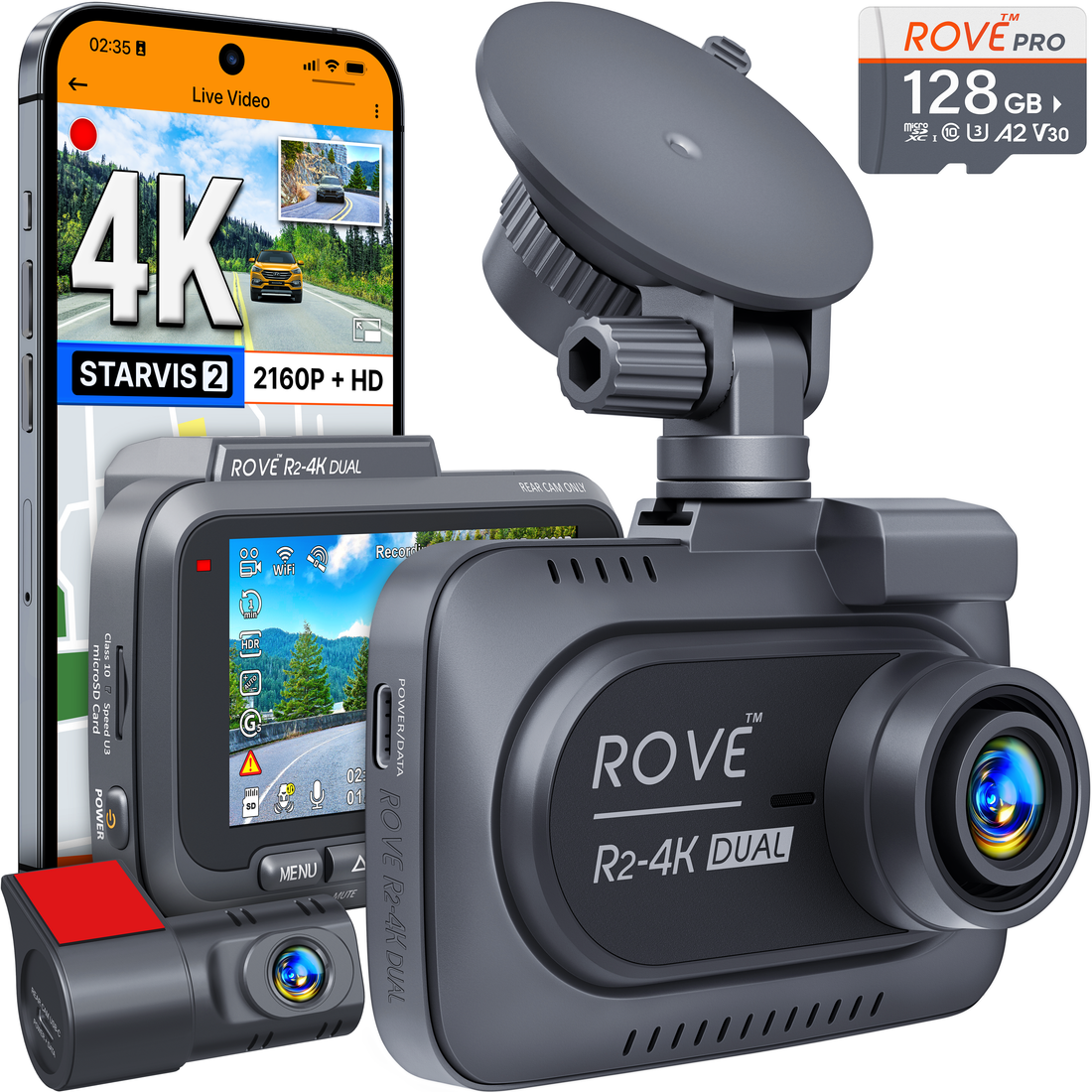 NEW ROVE R2-4K DUAL Dash Cam Front and Rear, STARVIS 2 Sensor, FREE 128GB Card Included, 5G WiFi