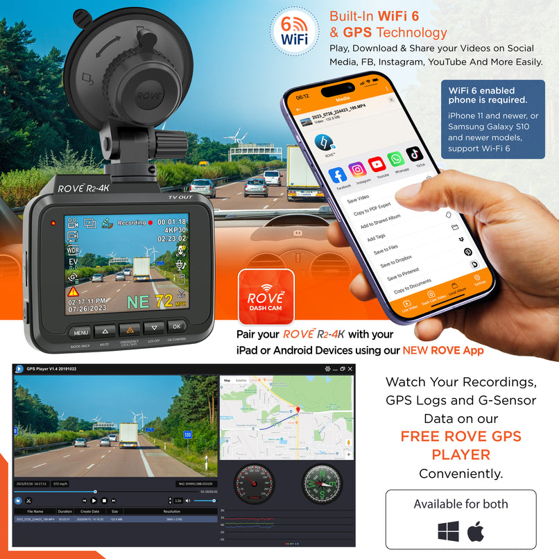 ROVE R2-4K Dash Cam 4K Ultra HD 2160P Car Dash Camera - Built In Wi-Fi 6 & GPS (Refurbished)