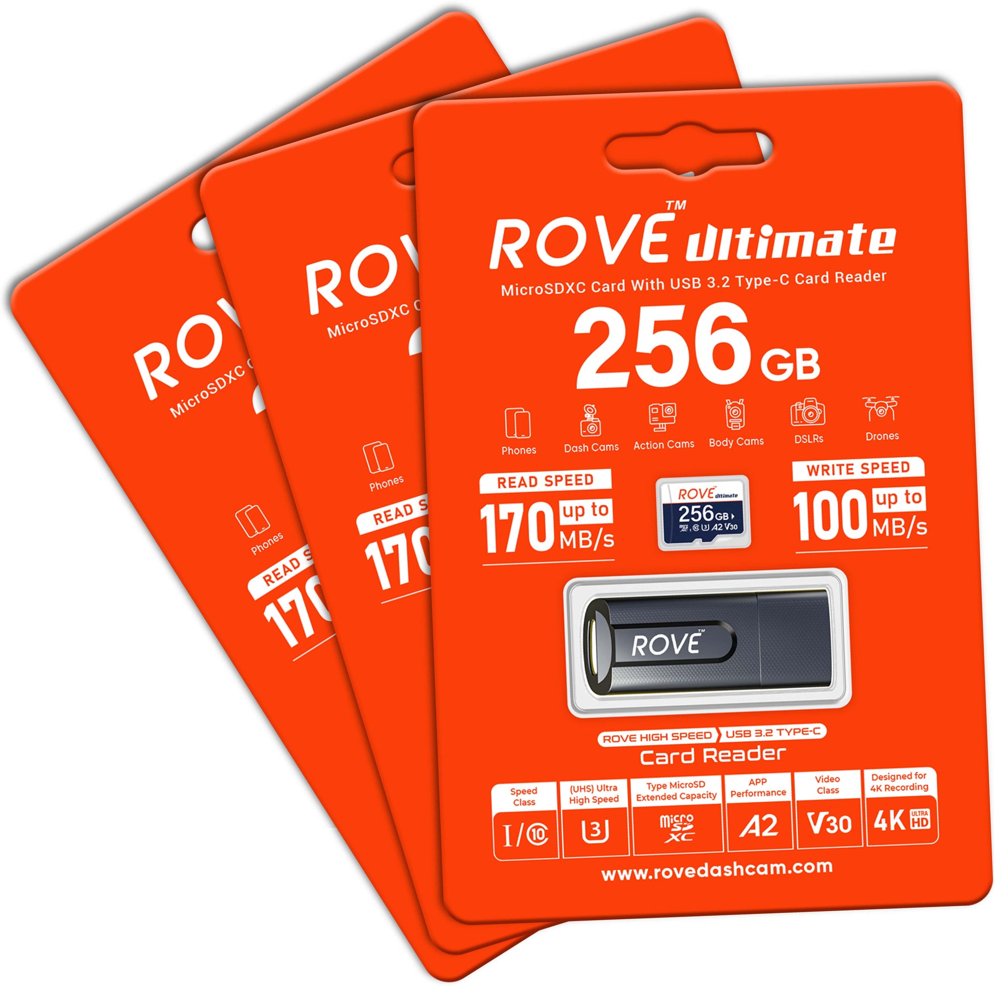 3 Rove Ultimate 256GB Micro SDXC Card with USB 3.2 Gen-1 Type-C card reader, Micro SD memory card for dash cam, Up to 170MB/s Read, 100MB/s Write, U3, Class10
