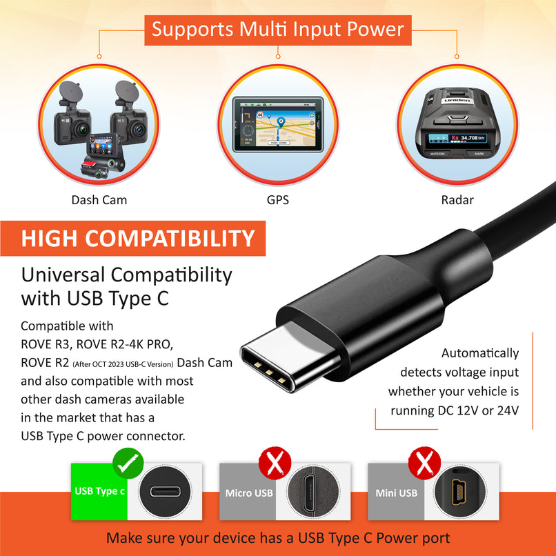 ROVE Ultimate 3-Lead USB Type-C Hardwire Kit | for ROVE R2, R2 PRO, R2-4K DUAL and R3 Dash Cam | Check Compatibility Image Before Purchasing