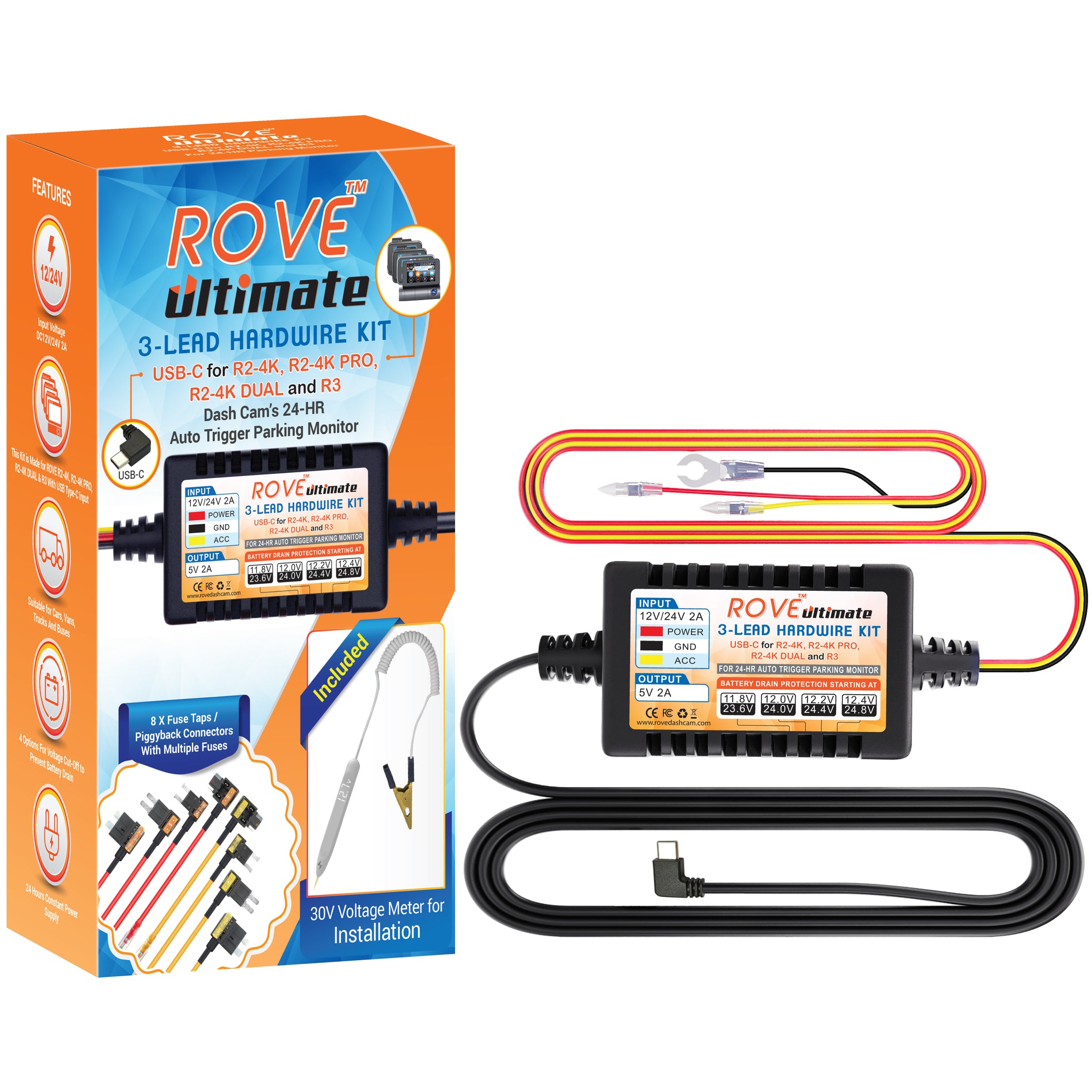 ROVE Ultimate 3-Lead USB Type-C Hardwire Kit | for ROVE R2, R2 PRO, R2-4K DUAL and R3 Dash Cam | Check Compatibility Image Before Purchasing