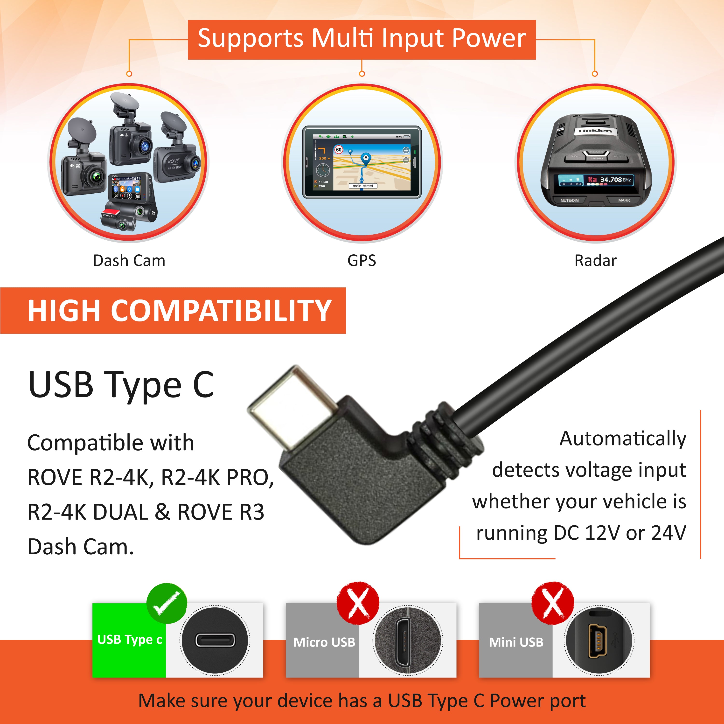 ROVE Ultimate 3-Lead USB Type-C Hardwire Kit | for ROVE R2, R2 PRO, R2-4K DUAL and R3 Dash Cam | Check Compatibility Image Before Purchasing