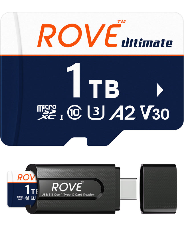 Rove Ultimate 128GB/256GB/512GB Micro SDXC Card with USB 3.2 Gen-1 Type-C card reader, Micro SD memory card for dash cam, Up to 170MB/s Read, 100MB/s Write, U3, Class10