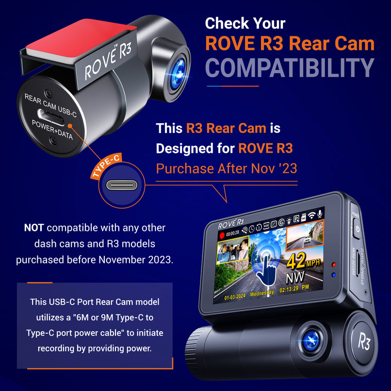 ROVE R3 Rear Cam with USB-C Port | Check Compatibility Image Before Purchasing