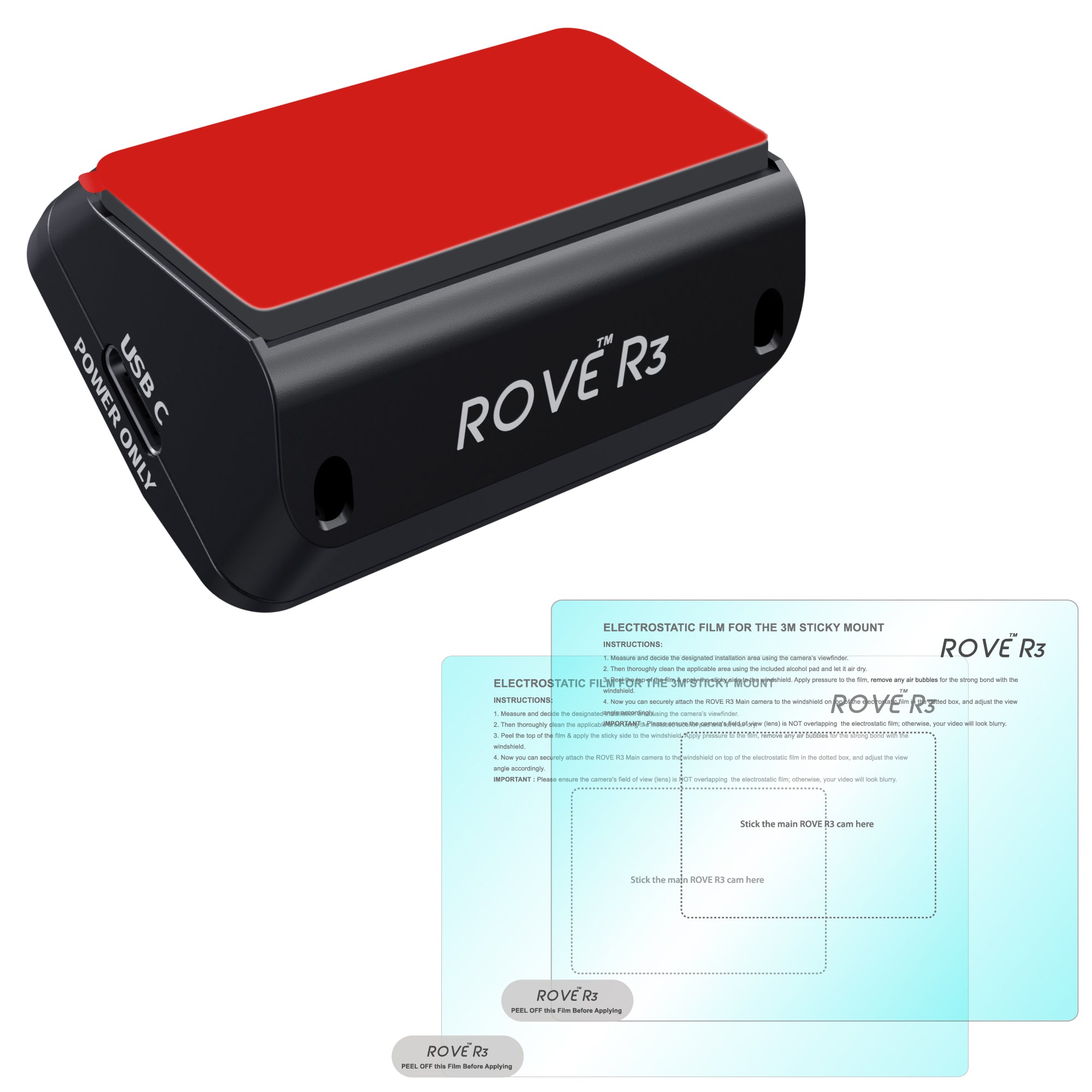 R3 Magnetic Mount with Built-in GPS - Magnetic Mount for Rove R3 + 2x Free Easy Peel Electrostatic Film