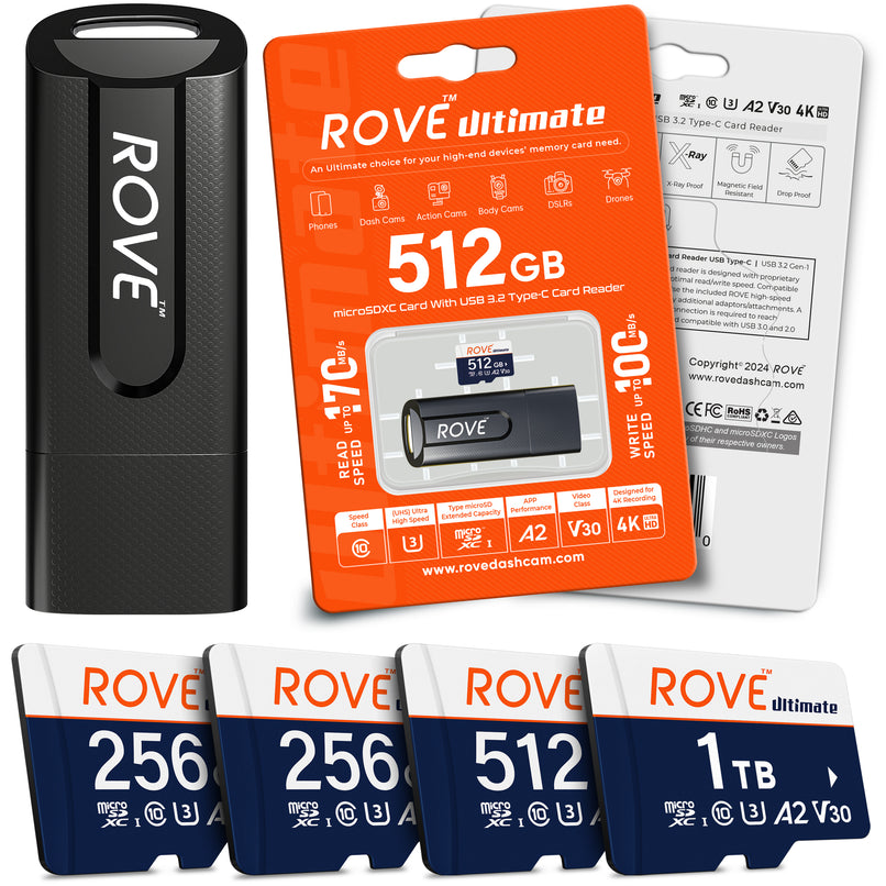 Rove Ultimate 128GB/256GB/512GB Micro SDXC Card with USB 3.2 Gen-1 Type-C card reader, Micro SD memory card for dash cam, Up to 170MB/s Read, 100MB/s Write, U3, Class10