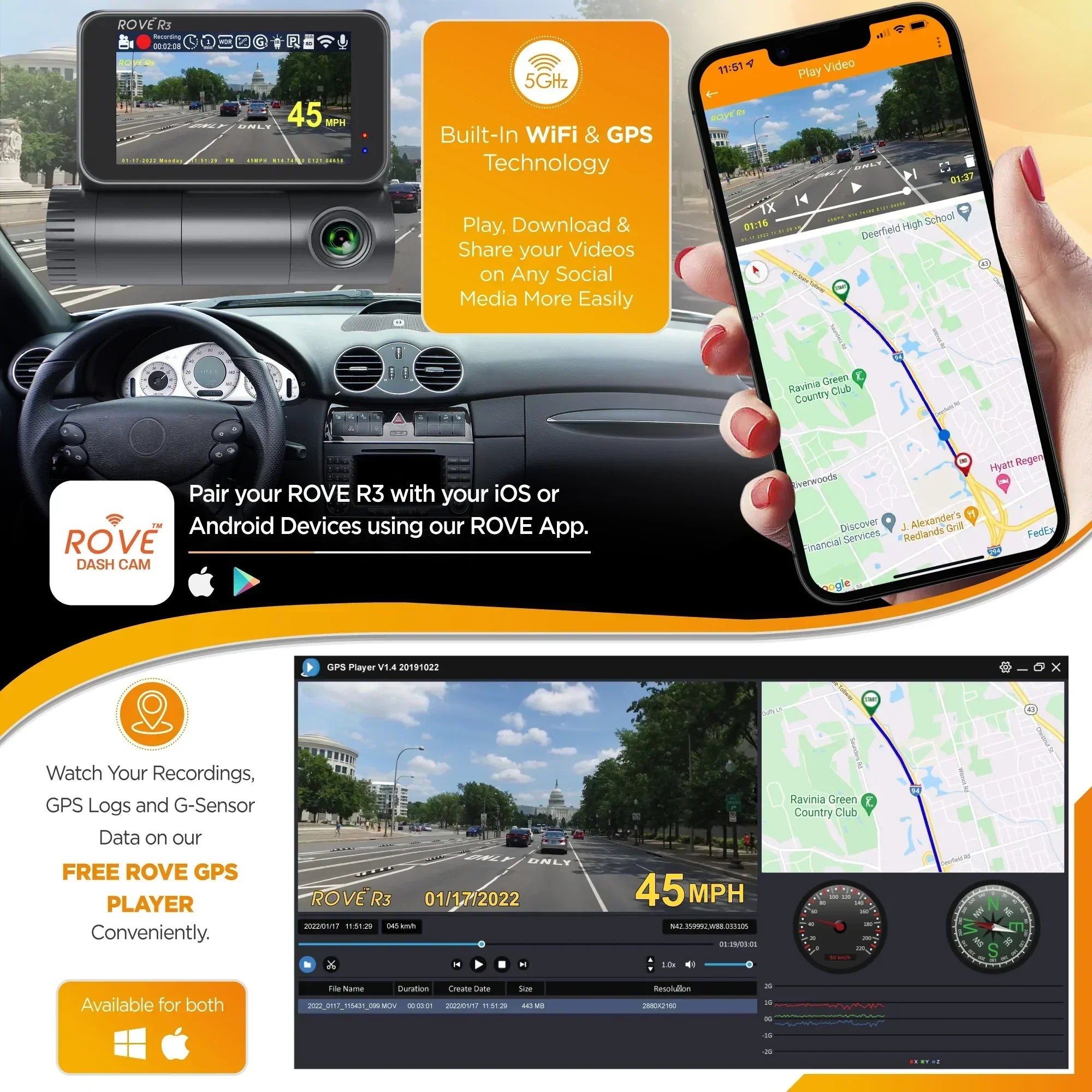 R3 Dash Cam 128 SD CARD Super Bundle ROVE Dash Cam